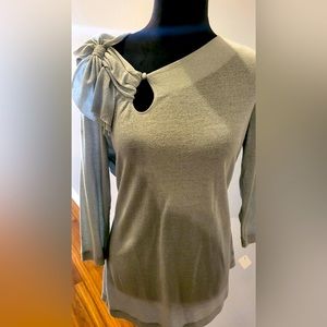 Silver blouse (light shimmer) with peek a boo shoulder and bow by Deletta (L)